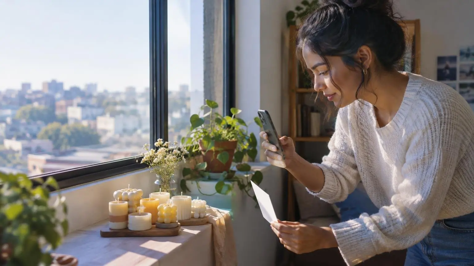 A candle maker photographing her products with her phone
