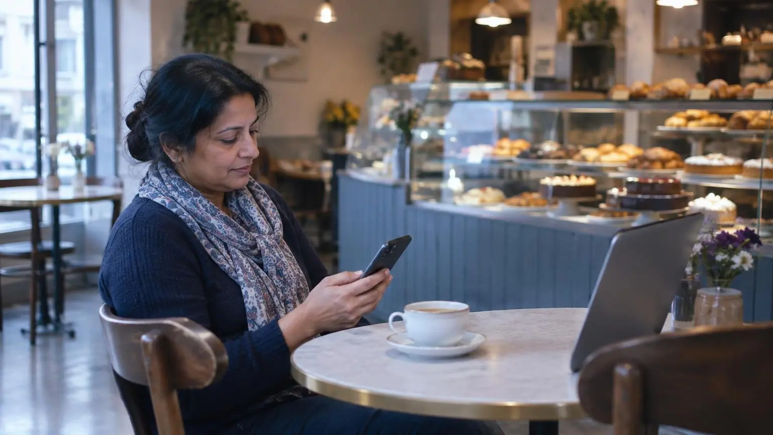 A bakery owner in London checking her phone after closing
