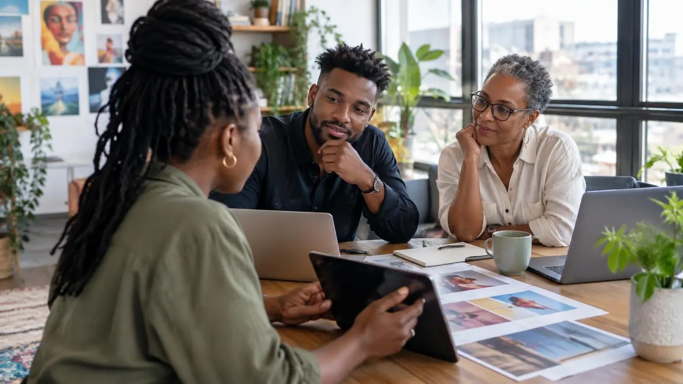 An agency team in Nairobi reviewing ad layouts around a table