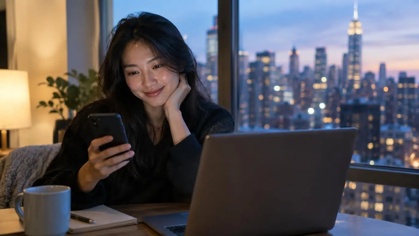 An app founder in New York smiling at her phone by the window at dusk