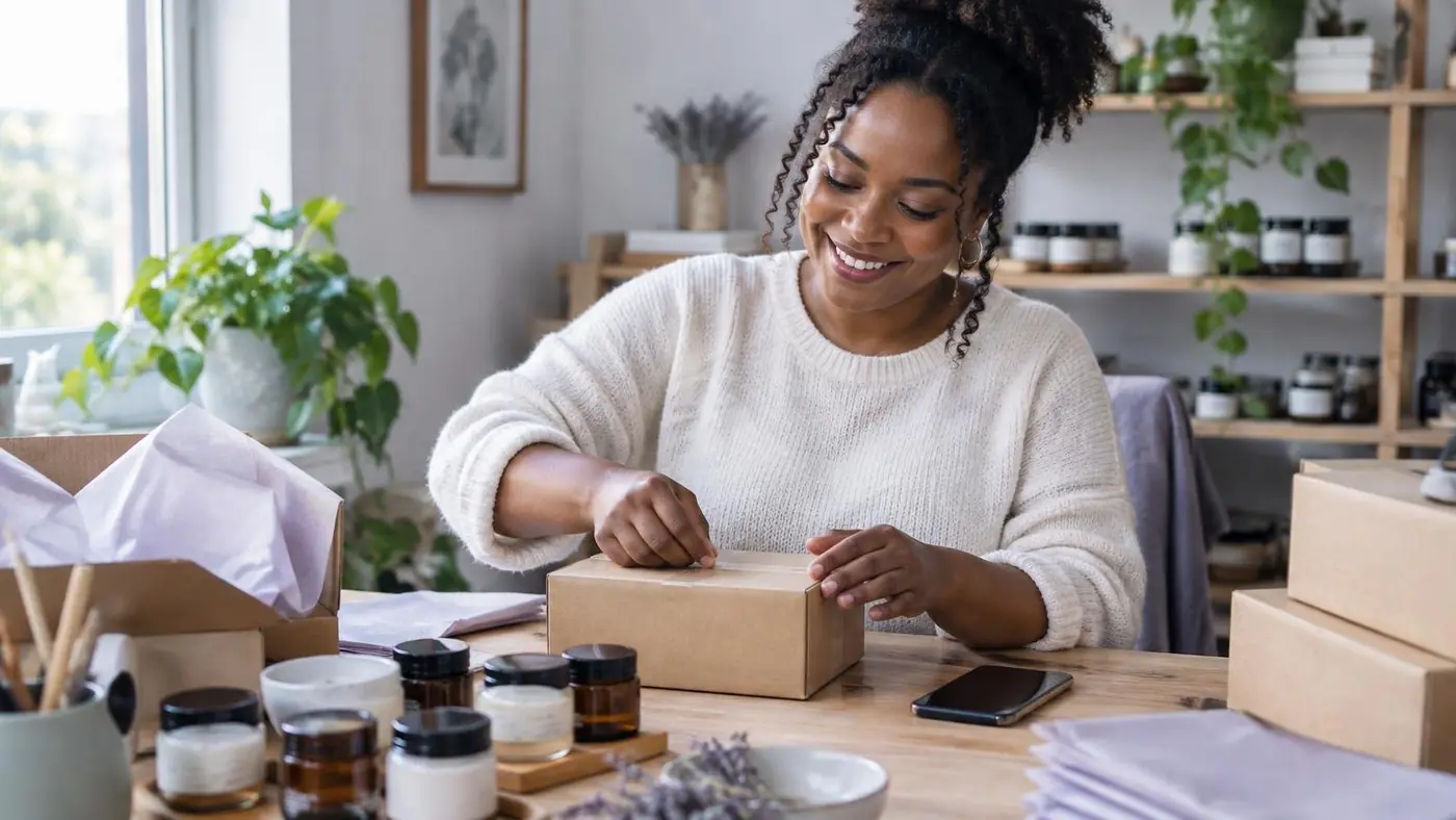 A skincare shop owner sealing an order box in her home studio
